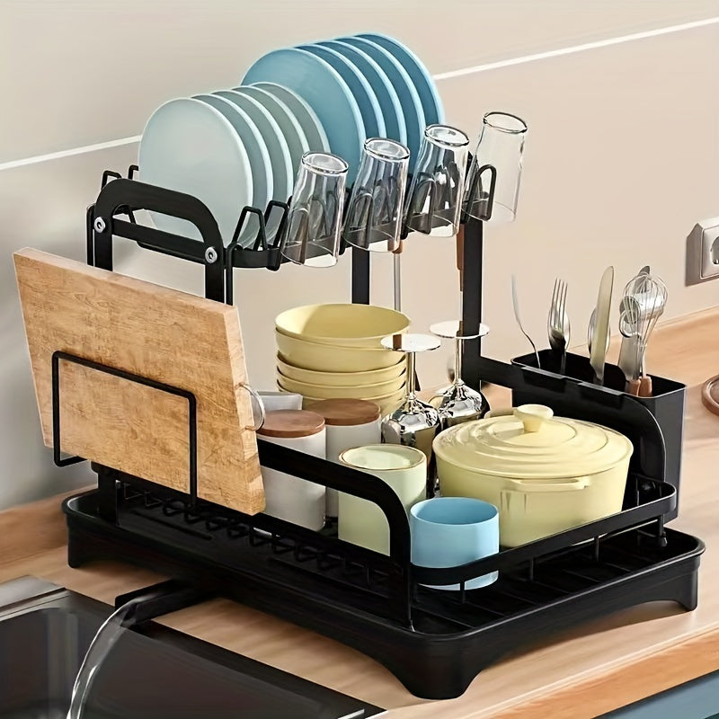 1pc 2-tier Dish Drying Rack Set With Drainboard