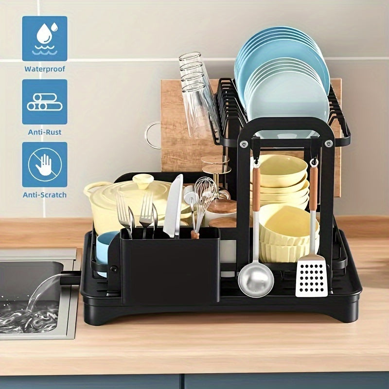 1pc 2-tier Dish Drying Rack Set With Drainboard