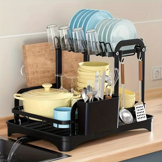 1pc 2-tier Dish Drying Rack Set With Drainboard