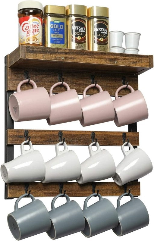 Wall Mounted 1pc Rustic Wood Mug Organizer