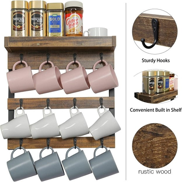 Wall Mounted 1pc Rustic Wood Mug Organizer