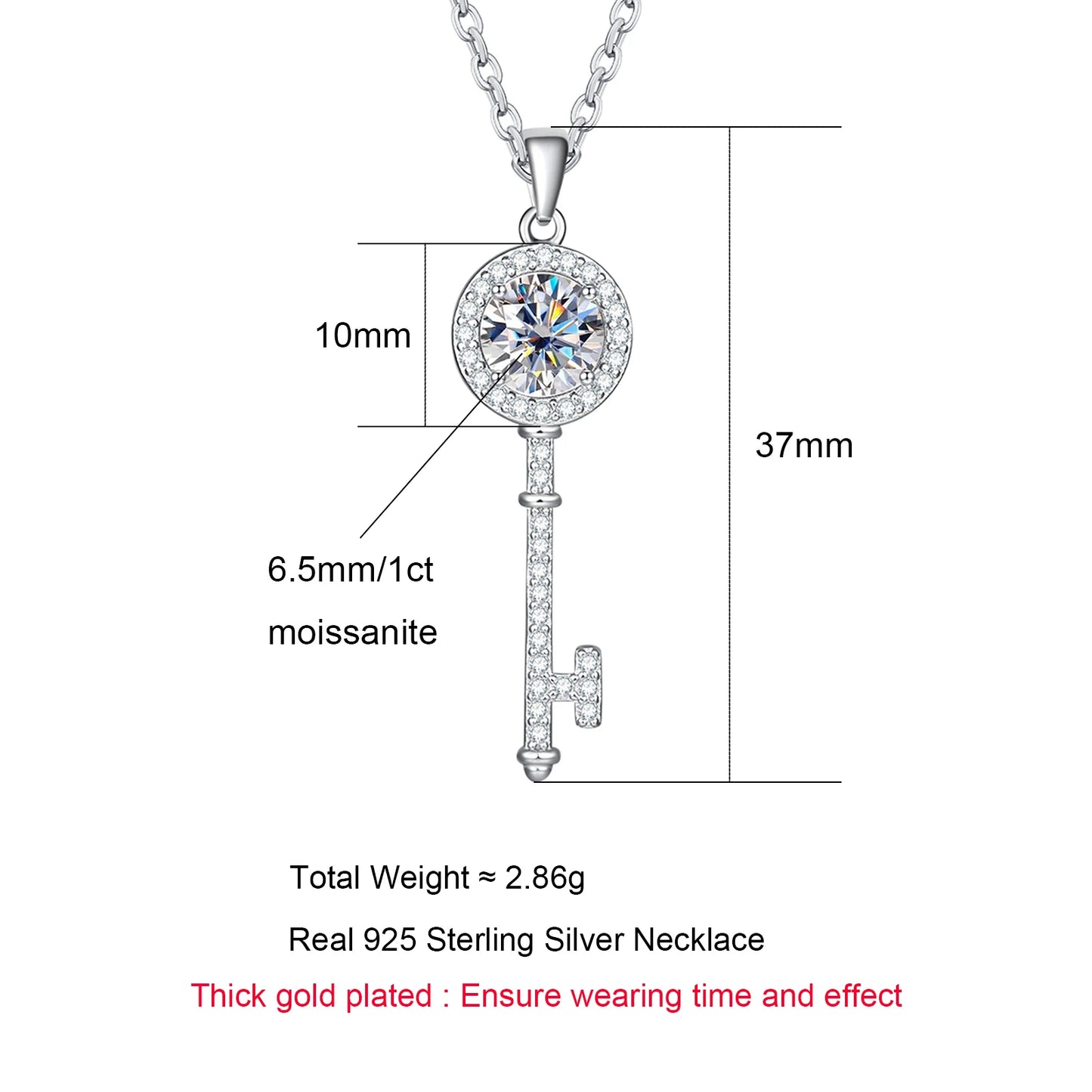Anu Jewel Classic Color Diamond Moissanite Key Pendant 925 Sterling Silver Necklace