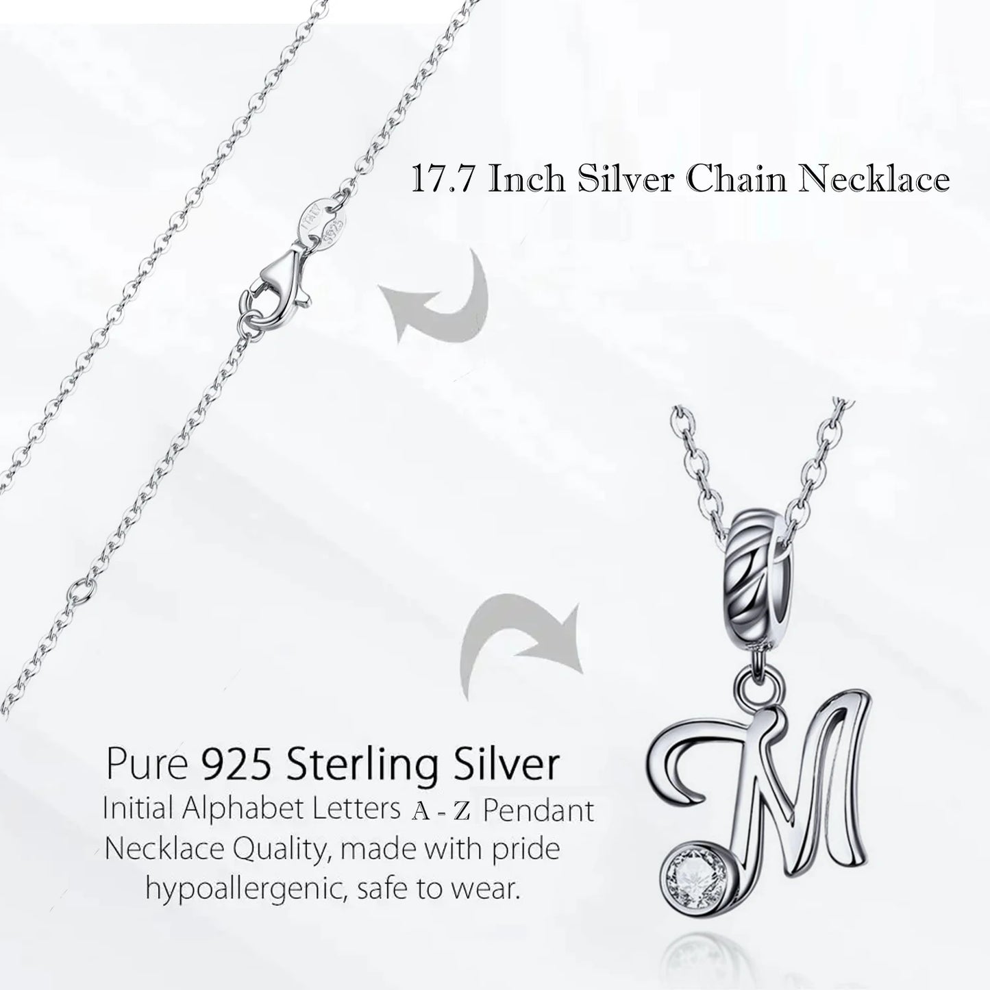 BAMOER 925 Sterling Silver Vintage Letter A to Z Pendant Long Chain Necklace