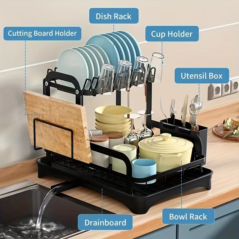 1pc 2-tier Dish Drying Rack Set With Drainboard