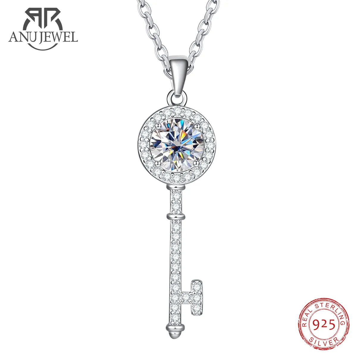 Anu Jewel Classic Color Diamond Moissanite Key Pendant 925 Sterling Silver Necklace