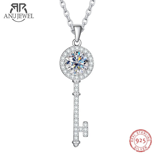 Anu Jewel Classic Color Diamond Moissanite Key Pendant 925 Sterling Silver Necklace